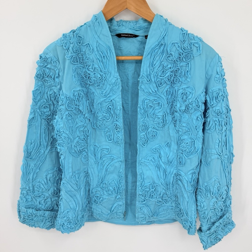 Samuel Dong Colorful Turquoise Sz S Jacket 3D Floral Artsy Eclectic Statement